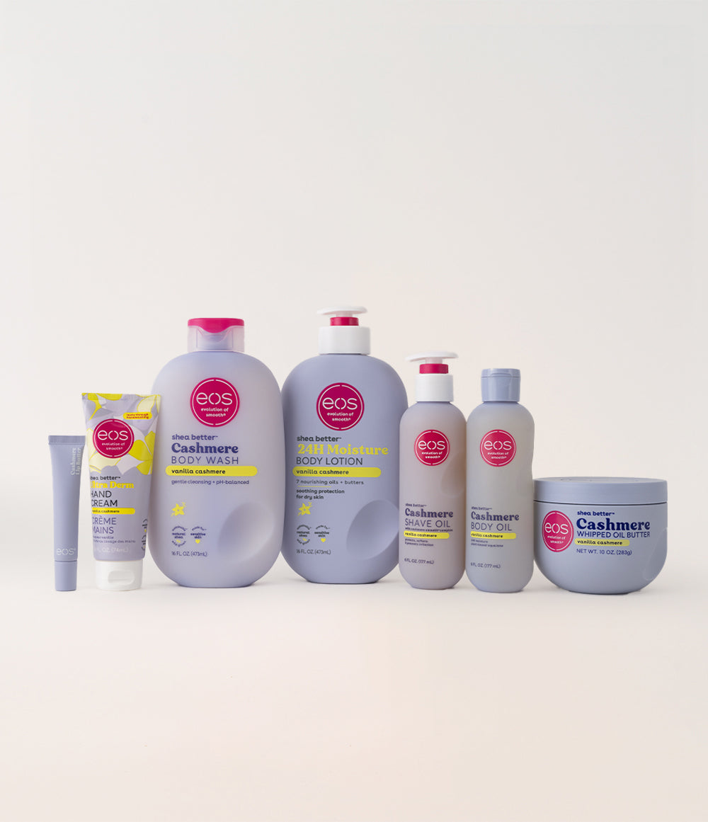 Collection of EOS Cashmere skincare products on a white background